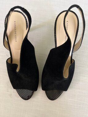 Katherine Kelly black suede slingback peep toe heels 9.5